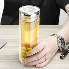 凯霖高山流水双层玻璃杯办公茶杯带盖耐热创意透明水杯 KL1180-300ml