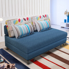 未蓝生活 沙发床多功能折叠两用实木1.2米1.5米双人布艺 蓝色棉麻 1米宽乳胶款