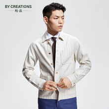 By Creations柏品棉麻条纹工装风简约夹克衫男时尚百搭轻商务休闲夹克外套上衣 米白色 S