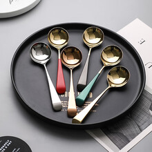 川岛屋不锈钢勺子餐具家用长柄圆头汤匙韩式创意主餐勺儿童宝宝吃饭勺水果勺 金色绿柄圆头勺