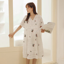 米度丽 孕妇连衣裙夏季时尚夏天裙子短袖宽松中长款碎花网红潮妈孕妇夏装 米白色 M