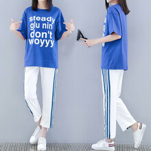 喜孕娇孕妇春夏装套装时尚款2020新款洋气外出宽松潮妈休闲两件套夏季夏 蓝色字母休闲套装【M】