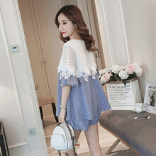 苒琦妈咪孕妇套装夏装时尚款2021新款潮妈短袖上衣托腹短裤外穿休闲两件套 蓝色 L