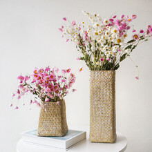 罗丹斯小蜡菊干花束 ins北欧干花干燥花鲁丹鸟批发居家装饰摆件 14厘米草编篮加2束粉色