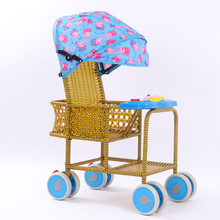 宝宝推车轻便竹藤婴儿推车小儿童小孩夏季仿藤编坐式简易婴儿推车 侧编音乐车 蓝色佩奇蓬 三折叠蓬