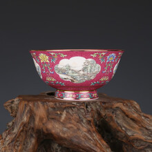【芠拉】大清乾隆粉彩描金开窗山水碗 仿古瓷器古董真品包老保真古玩收藏