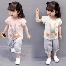 【上衣+裤子】童装女童套装夏装宝宝夏季新款婴儿童潮衣小童1-2-3-4岁女童洋气短袖夏天时尚小孩衣服 小免-粉色 90cm适合1-2岁宝宝