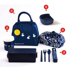 日本ASVEL分格日式办公室带饭情侣学生双层便当盒塑料饭盒可微波炉加热有选项配送保温袋餐具汤杯 大号830ml蓝色送蓝色赠品 女生吃饱男生7分饱