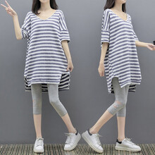 孕妇裤子夏季外出新款纯棉时尚托腹打底裤宽松孕妇装夏装休闲透气孕妇套装孕妈装夏天上衣短袖T恤 条纹套装 L