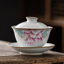 昌朴居 汝窑盖碗茶杯陶瓷开片可养茶碗带盖单个大号三才盖碗家用功夫茶具 汝窑元宝盖碗-粉牡丹