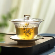 陋室忞日式描金茶杯玻璃盖碗单个三才大号防烫泡功夫茶具锤纹琉璃 锤纹玻璃盖碗-菊