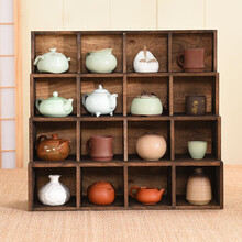 憨娃实木小博古架桌面茶杯架子茶具收纳架置物架紫砂壶展示架阶梯格子摆件架烧桐木多宝阁古董文玩架茶道零配 16格阶梯重烧大号