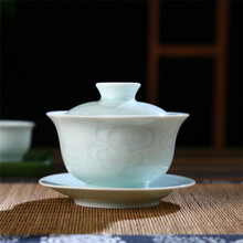 天泽 盖碗茶杯单个大号陶瓷三才茶碗手绘青瓷功夫茶霁蓝亚光透光泡茶器 影青祥云款盖碗