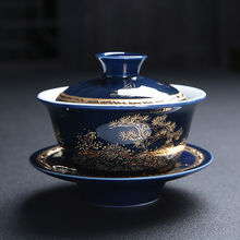霁蓝釉手工描金三才盖碗茶杯主人茶碗陶瓷功夫茶具泡茶碗 霁蓝釉(松鹤延年)描金盖碗