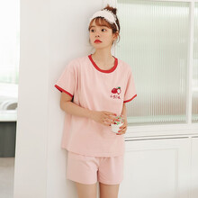 米度丽 月子服夏季薄款孕妇哺乳睡衣短袖宽松产后喂奶衣家居服套装 粉红 M