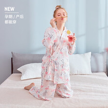 imummy月子服纯棉纱布产后孕妇春秋怀孕哺乳睡衣家居服套装 火烈鸟-系带款 XL码(建议体重65-80kg)