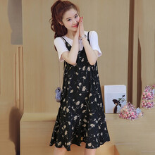 锦尘 孕妇套装夏装时尚款两件套夏2021新款碎花连衣裙中长款潮妈孕妇装 9942黑色小雏菊 XXL