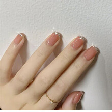 穿带美指甲贴片 假指甲可穿戴式可拆卸指甲片防水24片胶水款 裸粉 圆头短款