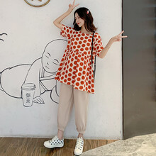 2020孕妇装夏季新款孕妇套装时尚韩版宽松棉麻波点孕妈外出时尚两件套 圆领短袖上衣 XXL