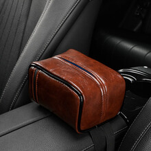 车载纸巾盒 皮革面高档汽车抽纸盒 车内用扶手箱椅背固定餐巾纸桶遮阳板挂纸抽盒用品 短款（咖）-15cm长*11cm宽*8cm高