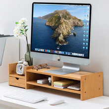 竹庭zhuting电脑显示器增高架支架楠竹桌面收纳置物架子 带背板带抽屉68*19*15