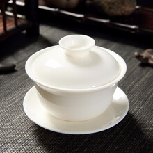 天城一品 手绘青瓷功夫茶盖碗茶杯单个大号陶瓷三才茶碗霁蓝亚光透光泡茶器 羊脂玉瓷盖碗