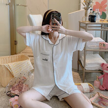 夏季短袖哺乳睡衣夏天纯棉纱布月子服7月份5孕妇薄款产后家居服女 绉布短袖白色字母M【90-105斤】