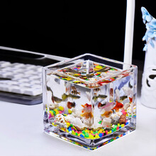 喜莱卡 小鱼缸金鱼缸方形玻璃鱼缸迷你小型桌面鱼缸水晶鱼缸家用造景水族箱生态鱼缸乌龟缸创意造景斗鱼缸 10cmX10cm水晶方缸【景观套装】