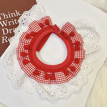 优乐奇猫咪狗狗口水巾小清新公主风布偶蓝白英短泰迪柯基蕾丝边围脖饰品 红色点点 点点 M-中型