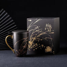 故宫文创 春雨江南茶滤杯 故宫名画带盖马克杯 稻熟江村磨砂水杯 yz生日送女友实用毕业礼物 稻熟江村-黑金马克杯