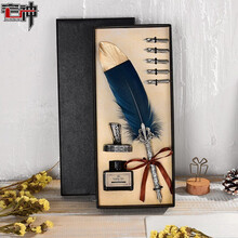 哈利波特周边羽毛笔英伦欧式复古蘸水笔学生用钢笔礼盒送女友闺蜜朋友儿童生日七夕情人节教师节开学礼物 金头藏青（含笔架）