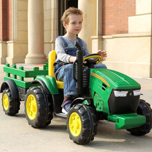 新款加大车身儿童玩具车可坐人四轮车大拖拉机汽车可遥控越野款带后拖车款小汽车双座位童车小孩生日礼物 绿色 高配车头+拖车+12V大电瓶+遥控+大双驱音乐灯光