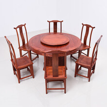 DFJXW F红木家具缅甸花梨（学名：大果紫檀）圆餐桌椅组合实木原木中式圆桌圆形饭桌餐厅歺桌 牙板官帽椅+圆桌七件套