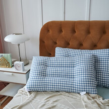 水洗棉羽丝绒枕头女枕芯日式学生宿舍成人单人简约护颈椎可水洗单只装 蓝小格