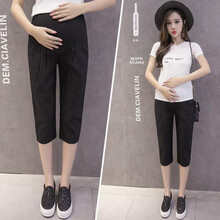 孕妇裤夏季外出棉麻七分裤时尚潮妈宽松托腹裤中裤夏天孕妇哈伦裤 黑色 L(105-120)