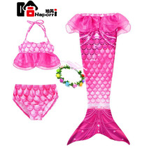 哈珀芮品牌美人鱼儿童泳衣女童公主裙子服装鱼尾巴三件套衣服女孩比基尼洋气 玫红色三件套 送花环 100cm