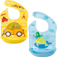有彩婴儿饭兜吃饭围兜围嘴口水巾儿童围兜硅胶围兜防水小孩口水兜大号可拆卸 黄色小汽车+小鸟钓鱼（2个装） 0-6岁