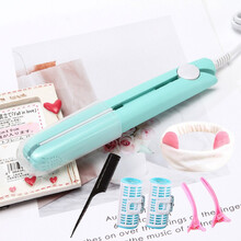 乾越迷你小夹板女直发卷发棒两用小型学生刘海内扣卷发 绿色卷筒束发带三件套