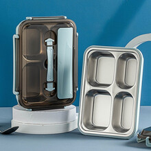 拜格 饭盒家用 304不锈钢饭盒 加大加深4格学生饭盒商务便当盒 北欧蓝