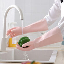 橡胶乳胶防水长手套女洗衣厨房洗碗耐用耐磨冬季加绒加厚手套 新款粉40CM植绒【大码】 2双