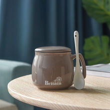 厨量陶瓷杯子家用水杯牛奶早餐杯男女喝水茶杯马克杯带盖勺情侣咖啡杯 灰色亮光 早餐杯+瓷盖+专属勺