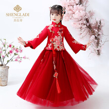 小咔衣浓女童汉服秋长袖儿童古装超仙红色女宝宝拜年服中国风新年装唐装春季服装礼服花童礼服女夏款表演服 HF59菱花-酒红-A-秋 140