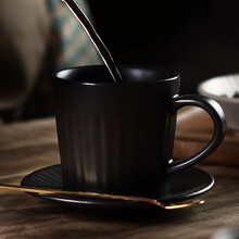 器物集 高档日式粗陶瓷咖啡杯套装杯子北欧式杯碟简约个性创意拉花卡布其诺手冲下午茶牛奶早餐杯 直身珠光黑2杯2碟2勺