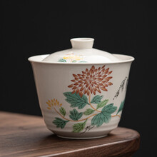 ULKNN草木灰陶瓷盖碗手绘功夫茶具泡茶碗日式无托手抓碗 野菊花盖碗