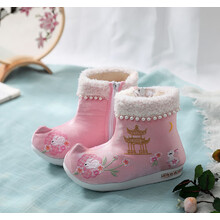 永和春时尚女鞋女靴子女童绣花鞋古风刺绣汉服鞋中国风布靴宝宝鞋儿童棉鞋轻便女孩短靴休闲防滑软底童鞋 粉色珍珠小兔 24码/内长约16.5cm