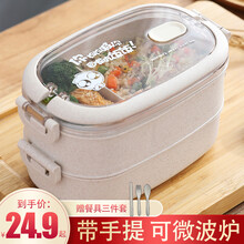 虎神 日式饭盒带餐具可微波炉加热大学生小麦秸秆餐具多层提锅塑料上班带饭便当盒餐盒儿童中小学生 【北欧蓝】饭盒单层+筷勺叉