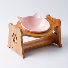 开心孕猫碗陶瓷双碗猫咪加菲猫食盆狗宠物猫粮碗架饮水高脚斜口保护颈椎 B-1猫耳朵碗+升降木架-粉色 陶瓷碗