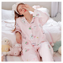 静孕春秋月子服纯棉哺乳睡衣空气层孕妇产后喂奶衣产妇月子装哺乳睡衣家居哺乳衣 粉萌兔草莓 M码 推荐100-125斤