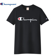 Champion/冠军 短袖T恤胸前草写LOGO刺绣上衣男女同款时尚百搭打底衫  210972 黑色（欧版） XS码