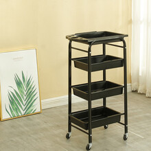 美容美发小推车专用理发店烫染工具车发廊手拉杠子车多功能工具柜美发床恢弘 黑色四层铁轮 三孔盒 38x30x80cm  官方标配